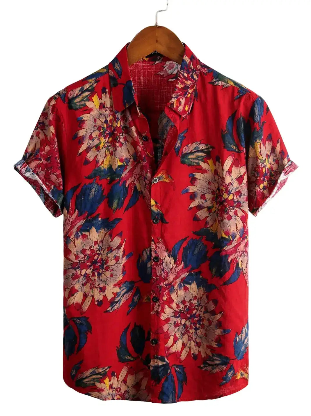 Red Retro Floral Cotton Tropical Hawaiian Shirt at Dan Flashes - Shirt - Dan Flashes - S - Crimson Bloom | DRed Retro Floral Cotton Tropical Hawaiian Shirt at Dan Flashesan Flashes